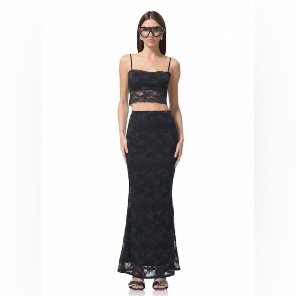 NEW AFRM Black Tegan Lace Maxi Skirt with Sheer Overlay